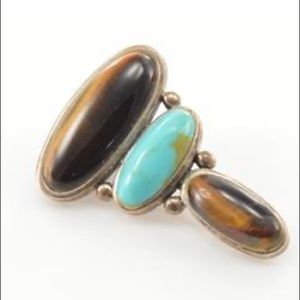 Oval Tiger Eye/Turquoise-32 x 22mm Sterling Pendant 5.6g Marked 925
